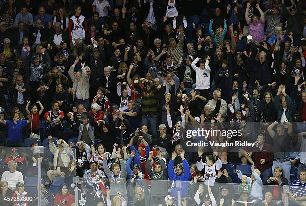 Fans do the wave during an OHL game between the Belleville Bulls and the Niagara Ice Dogs at the Meridian Centre on October 16, 2014 in St...