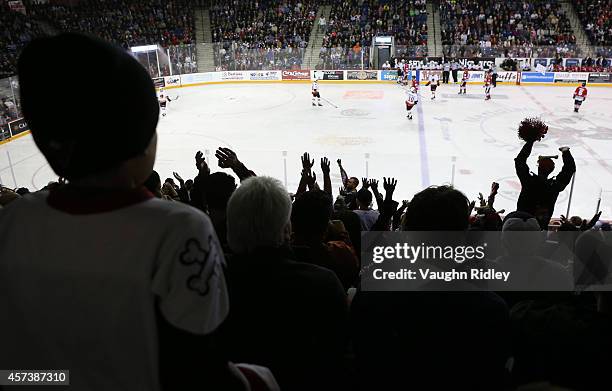 Fans do the wave during an OHL game between the Belleville Bulls and the Niagara Ice Dogs at the Meridian Centre on October 16, 2014 in St...