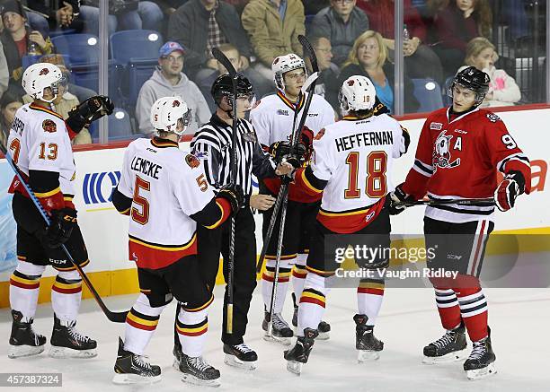 Michael Cramarossa of the Belleville Bulls celebrates a 3rd period goal in an OHL game against the Niagara Ice Dogs at the Meridian Centre on October...