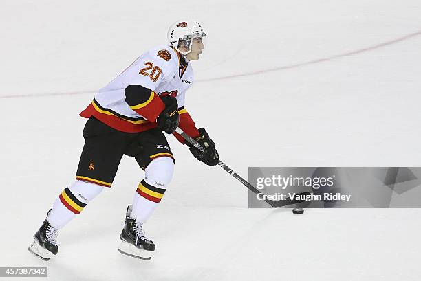 Cole Candella of the Belleville Bulls skates during an OHL game against the Niagara Ice Dogs at the Meridian Centre on October 16, 2014 in St...