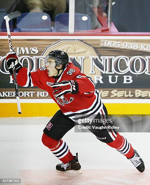 Blake Siebenaler of the Niagara Ice Dogs a late Ice Dogs goals during an OHL game against the Belleville Bulls at the Meridian Centre on October 16,...