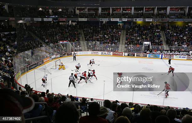 General view of play during the OHL game between the Belleville Bulls and the Niagara Ice Dogs at the Meridian Centre on October 16, 2014 in St...
