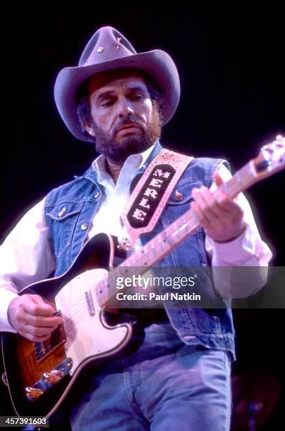 Singer and musician Merle Haggard performs, Fresno, California, April 19, 1986.