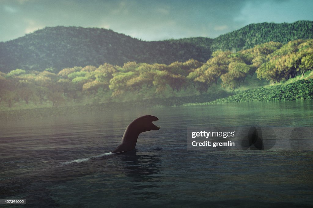 Loch Ness monster swimming in the lake