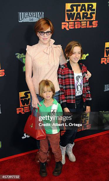 Actress Molly Ringwald and children Mathilda Ereni Gianopolous and Roman Stylianos Gianopoulos arrive for Disney XD's "Star Wars Rebels: Spark Of...