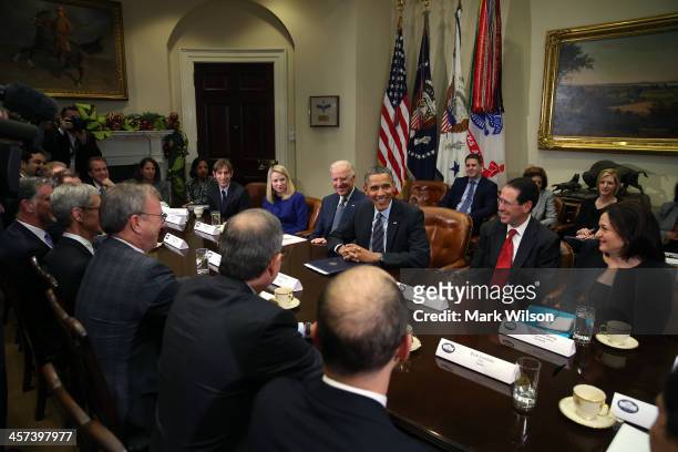 President Barack Obama and Vice President Joe Biden meet with executives from leading technology companies, including Apple, Twitter, and Google in...