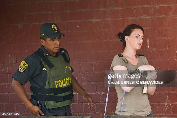 Irishwoman Michaella McCollum who was arrested at Lima's airport carrying cocaine in their luggage, arrives at the Callao courtroom on December 17,...