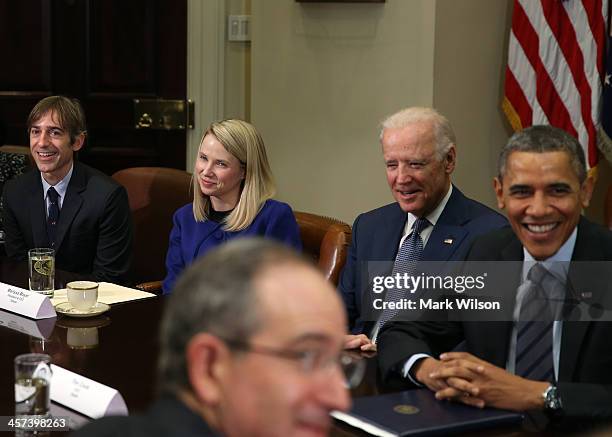 President Barack Obama , with Vice President Joseph Biden , meet with Yahoo CEO Marissa Mayer and Zynga CEO Mark Pincus , and other executives from...