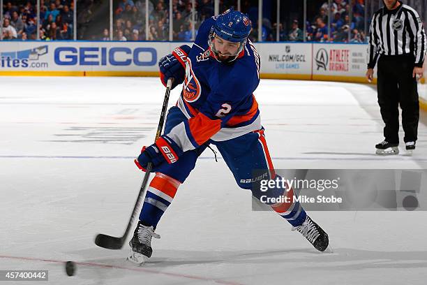 Nick Leddy of the New York Islanders skates against the Carolina Hurricanes at Nassau Veterans Memorial Coliseum on October 11, 2014 in Uniondale,...