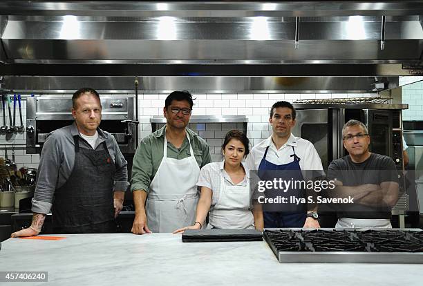 Chefs Andy Ricker, Tadashi Ono, Ann Redding, Matt Danzer and Ivan Orkin pose at East Meets West Dinner hosted by Ann Redding and Matt Danzer, Andy...