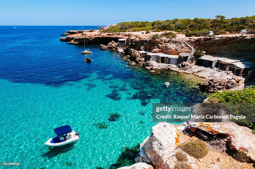 Fisherman huts in Cala Compte beach...