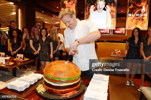 Gordon Ramsay celebrates the one year anniversary of Gordon Ramsay BurGR at Planet Hollywood Casino & Resort on December 17, 2013 in Las Vegas,...