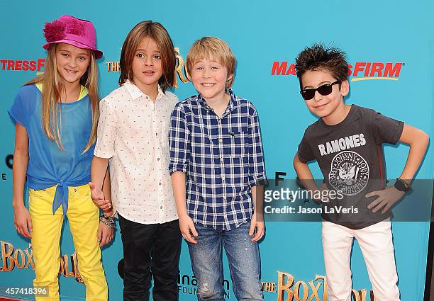 Actors Lizzy Greene, Mace Coronel, Casey Simpson and Aidan Gallagher attend the premiere of "The Boxtrolls" at Universal CityWalk on September 21,...