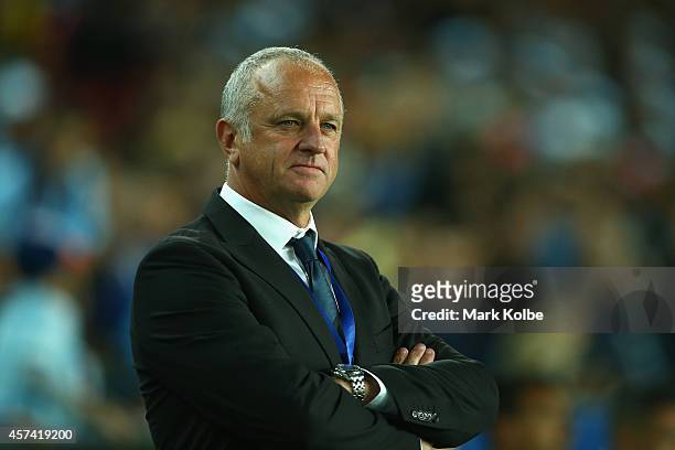 Sydney FC coach Graham Arnold watches on during the round two A-League match between Sydney FC and the Western Sydney Wanderers at Allianz Stadium on...