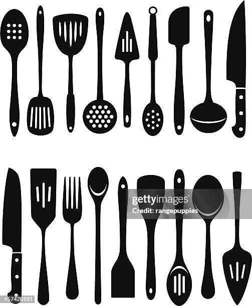 set of 18 black kitchen utensils on white background - serving spoon stock illustrations