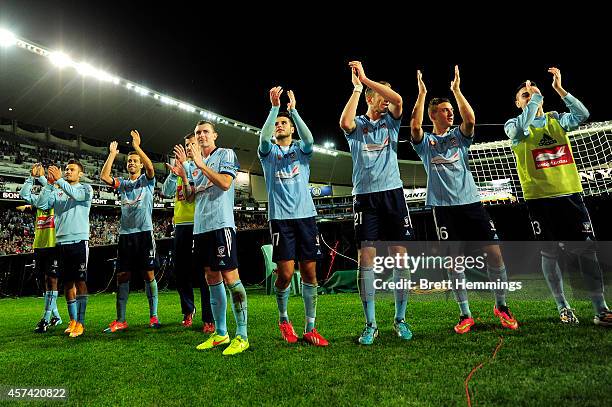 Sydney FC acknowledges the crowd after victory during the round two A-League match between Sydney FC and the Western Sydney Wanderers at Allianz...