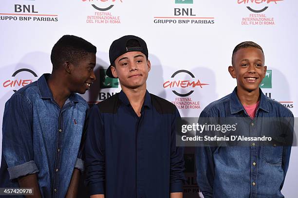 Rickson Tevez, Gabriel Weinstein and Eduardo Luis attend 'Trash' Photocall during The 9th Rome Film Festival at Auditorium Parco Della Musica on...