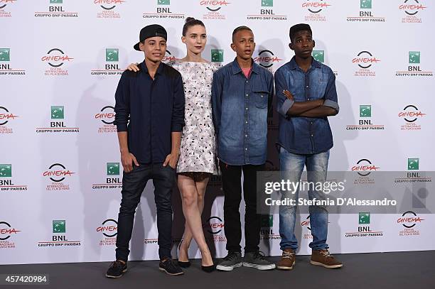 Gabriel Weinstein, Rooney Mara, Eduardo Luis and Rickson Tevez attend 'Trash' Photocall during The 9th Rome Film Festival at Auditorium Parco Della...