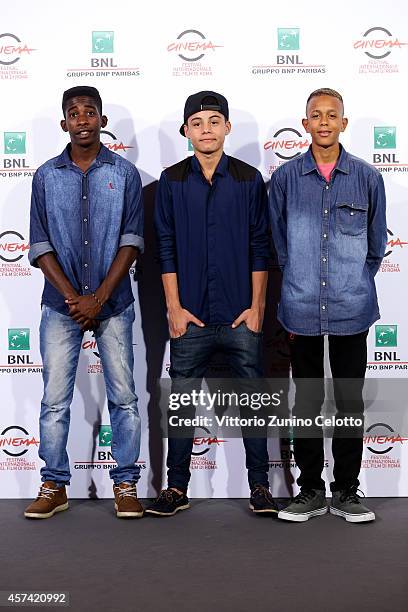 Rickson Tevez, Gabriel Weinstein and Eduardo Luis attend 'Trash' Photocall during The 9th Rome Film Festival at Auditorium Parco Della Musica on...