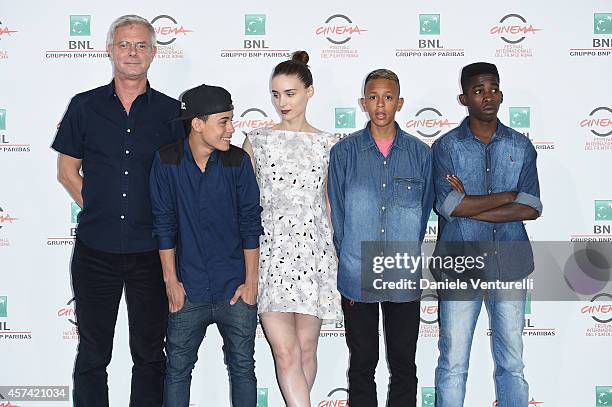 Director Stephen Daldry, actors Gabriel Weinstein, Rooney Mara, Eduardo Luis and Rickson Tevez attend 'Trash' Photocall during The 9th Rome Film...