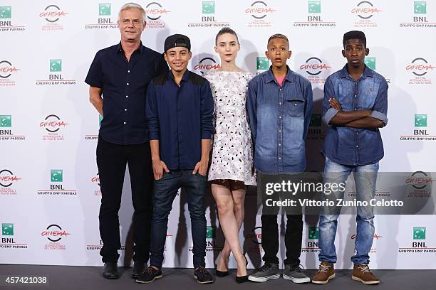 Director Stephen Daldry, actors Gabriel Weinstein, Rooney Mara, Eduardo Luis and Rickson Tevez attend 'Trash' Photocall during The 9th Rome Film...