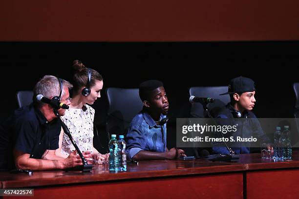 Stephen Daldry, Rooney Mara, Rickson Tevez and Gabriel Weinstein attend the 'Trash' Press Conference during the 9th Rome Film Festival on October 18,...