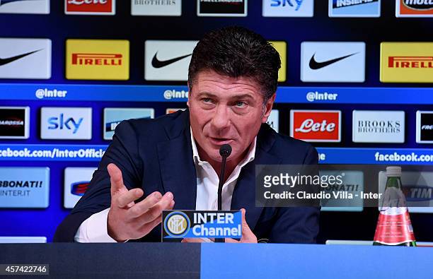 Head coach Walter Mazzarri of FC Internazionale Milano speaks to the media during a press conference at Appiano Gentile on October 18, 2014 in Como,...