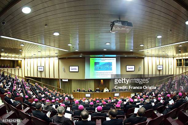 Pope Francis attends the Synod on the themes of family at the Synod Hall on October 18, 2014 in Vatican City, Vatican. During the last day of the...