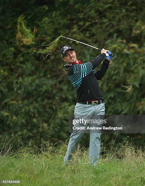 Jonas Blixt of Sweden plays his second shot on the second hole during the quarter final matches of the Volvo World Match Play Championship at The...