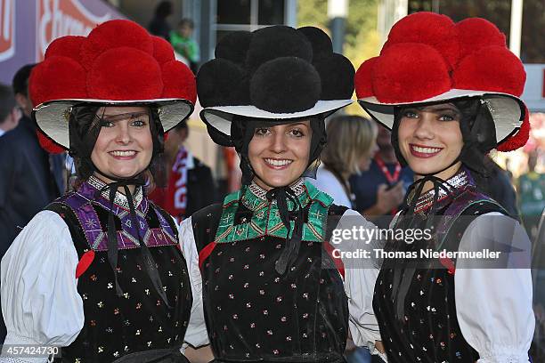 Suportersof Freiburg, wearing a traditional 'Bollenhut' are seen prior to the Bundesliga match between SC Freiburg and VfL Wolfsburg at MAGE SOLAR...