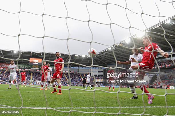 Craig Noone of Cardiff City clears a shot from Chris Burke of Nottingham Forest off the line during the Sky Bet Championship match between Cardiff...