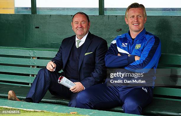 Gary Johnson, Manager of Yeovil Town sits alongside Terry Skiverton, Assistant Manager of Yeovil Town ahead of the Sky Bet League One match between...