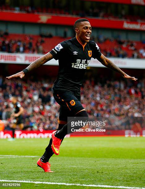 Abel Hernandez of Hull City celebrates after scoring his team's second goal during the Barclays Premier League match between Arsenal and Hull City at...