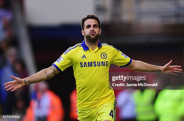 Cesc Fabregas of Chelsea celebrates as he scores their second goal during the Barclays Premier League match between Crystal Palace and Chelsea at...
