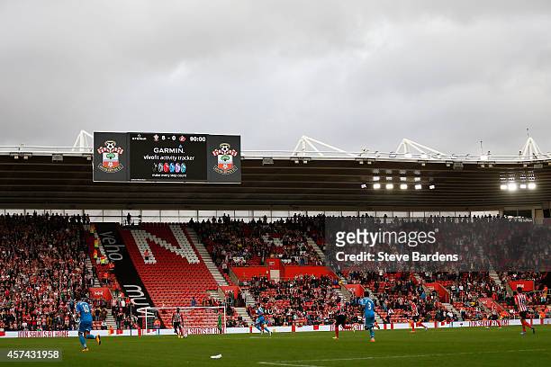 The electronic scoreboard displays the 8-0 scoreline during the Barclays Premier League match between Southampton and Sunderland at St Mary's Stadium...