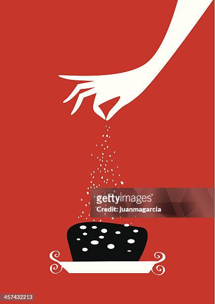 woman hand pouring sugar on a cake. - tray stock illustrations stock illustrations