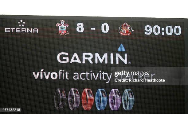 The scoreboard shows the final score 8-0 during the Barclays Premier League match between Southampton and Sunderland at St Mary's Stadium on October...