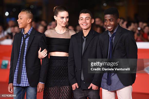 Eduardo Luis, Rooney Mara, Gabriel Weinstein and Rickson Tevez attends the 'Trash' Red Carpet during The 9th Rome Film Festival at Auditorium Parco...