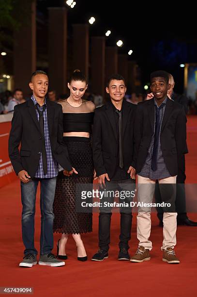 Eduardo Luis, Rooney Mara, Gabriel Weinstein and Rickson Tevez attends the 'Trash' Red Carpet during The 9th Rome Film Festival at Auditorium Parco...