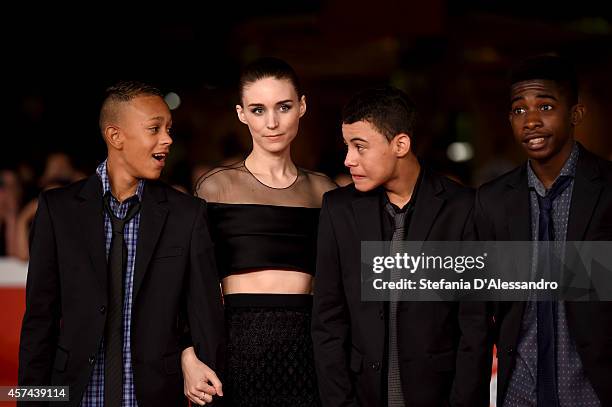 Eduardo Luis, Rooney Mara, Gabriel Weinstein and Rickson Tevez attends the 'Trash' Red Carpet during The 9th Rome Film Festival at Auditorium Parco...