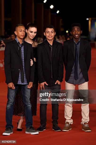 Eduardo Luis, Rooney Mara, Gabriel Weinstein and Rickson Tevez attends the 'Trash' Red Carpet during The 9th Rome Film Festival at Auditorium Parco...