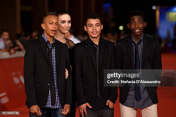 Eduardo Luis, Rooney Mara, Gabriel Weinstein and Rickson Tevez attends the 'Trash' Red Carpet during The 9th Rome Film Festival at Auditorium Parco...