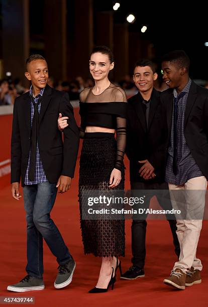 Eduardo Luis, Rooney Mara, Gabriel Weinstein and Rickson Tevez attends the 'Trash' Red Carpet during The 9th Rome Film Festival at Auditorium Parco...