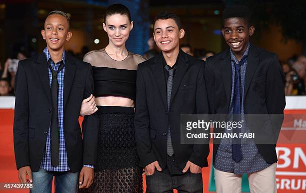 Actors Eduardo Luis, Rooney Mara, Gabriel Weinstein and Rickson Tevez arrive for the screening of the movie "Trash" during the Rome Film Festival, on...