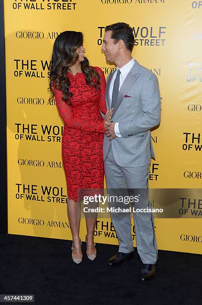 Camila Alves and Matthew McConaughey attend the "The Wolf Of Wall Street" premiere at the Ziegfeld Theatre on December 17, 2013 in New York City.