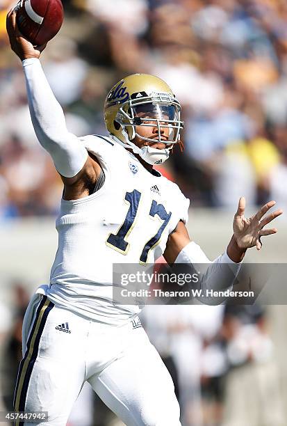 Brett Hundley of the UCLA Bruins drops throws a pass against the California Golden Bears during the second quarter at Kabam Field at California...