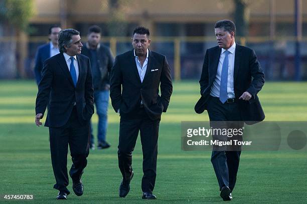 Jose Romano president of America Futbol Club, Argentinian coach Antonio Mohamed and Ricardo Pelaez sports President of America arrive to a press...