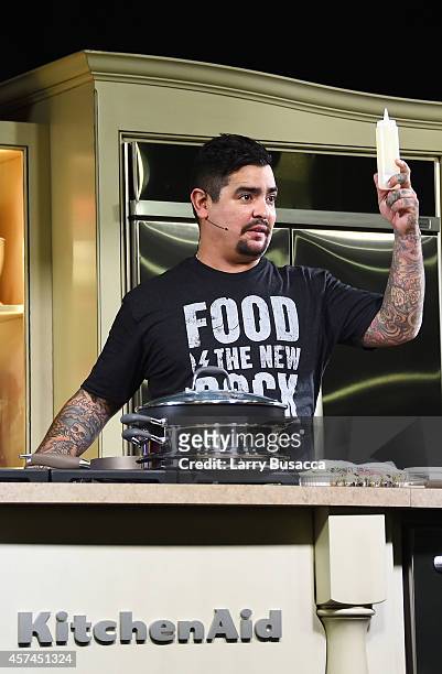 Chef Aaron Sanchez gives a cooking demonstration at the Grand Tasting presented by ShopRite featuring KitchenAid® culinary demonstrations presented...
