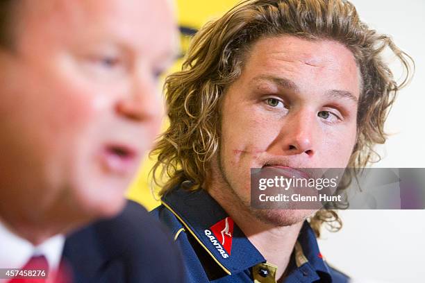 Australian Rugby Union CEO Bill Pulver and Qantas Wallabies captain Michael Hooper attend an Australian Wallabies press conference at the Hilton...