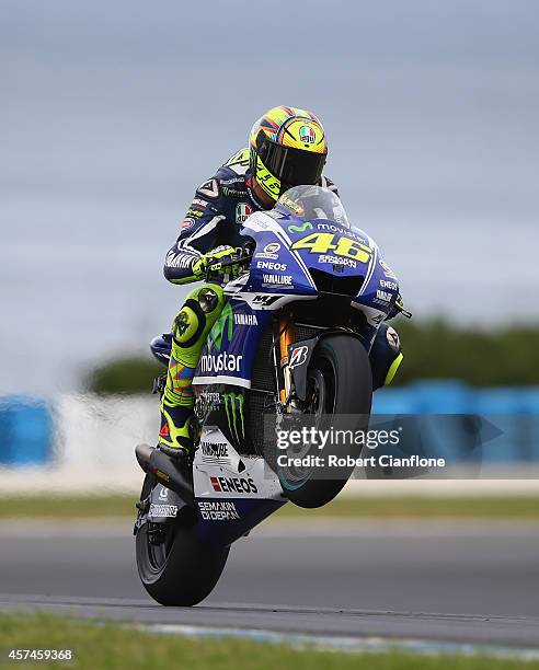 Valentino Rossi of Italy rides the Movistar Yamaha MotoGp Yamaha during the warm up session for the 2014 MotoGP of Australia at Phillip Island Grand...